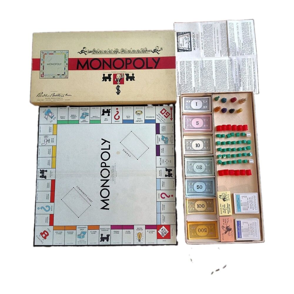 Vintage 1950 Monopoly Parker Brothers Board Game Toy Lot Complete Parts USA Read